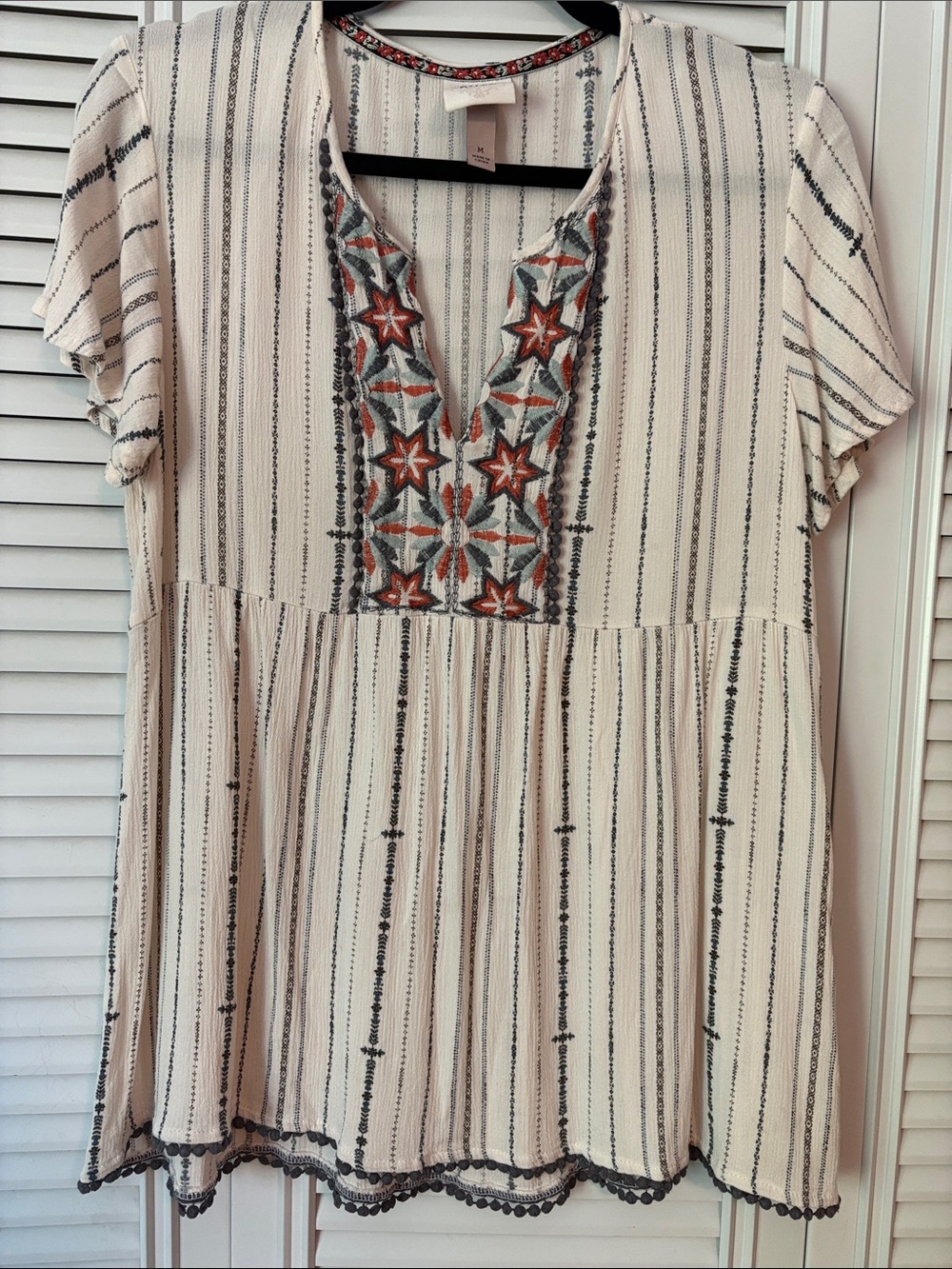 Knox Rose Cream Boho Embroidered Peasant Top Size M